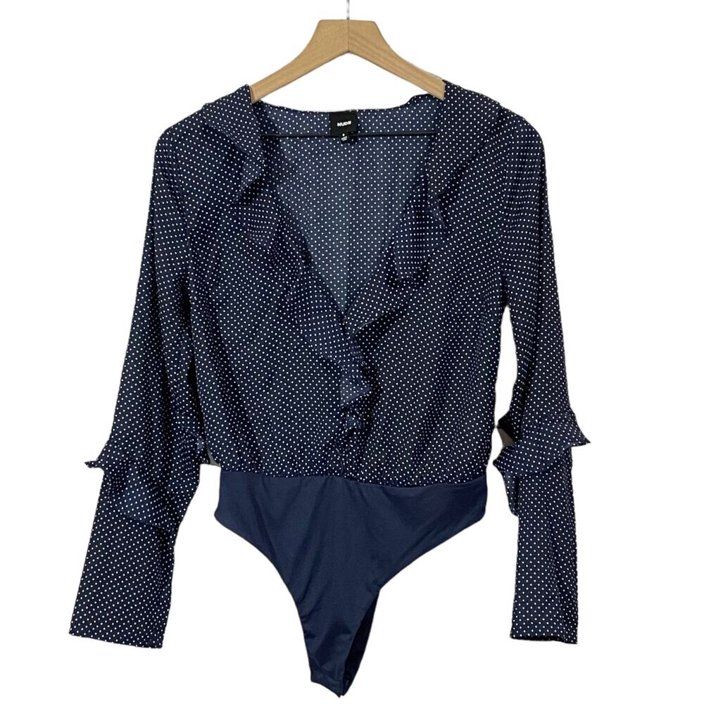 NUDE Polka Dot Ruffle Long Sleeve Thong Bodysuit - Blue - Small